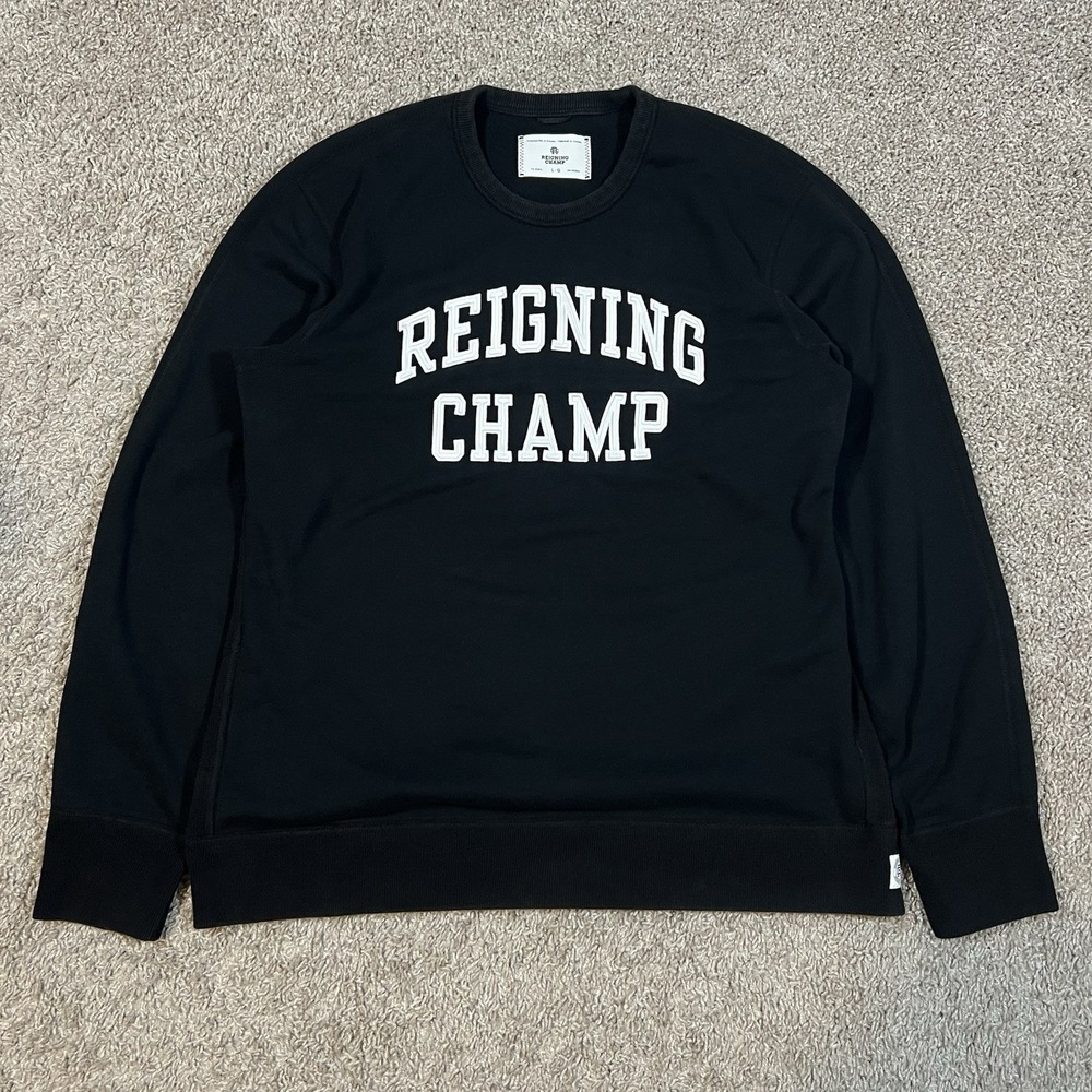 Reigning Champ Crewneck Sweatshirt L Black White Spellout Cotton Made In Canada